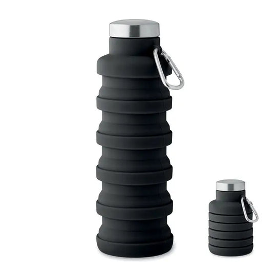 Flacon pliabil de 500 ml negru din silicon cu capac din otel inoxidabil si carabiniera
