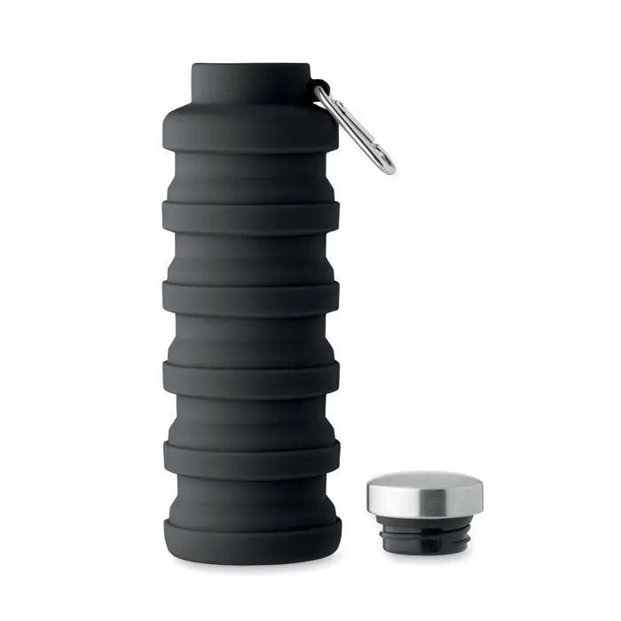 Flacon pliabil de 500 ml negru din silicon cu carabinieră și capac argintiu din spate
