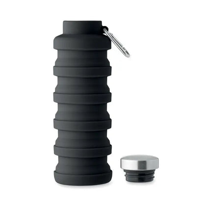 Flacon pliabil de 500 ml negru din silicon cu carabinieră și capac argintiu din spate