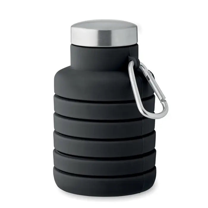 Flacon pliabil de 500 ml negru din silicon cu capac din otel inoxidabil si carabiniera pentru agatat