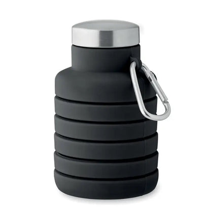 Flacon pliabil de 500 ml negru din silicon cu capac din otel inoxidabil si carabiniera pentru agatat