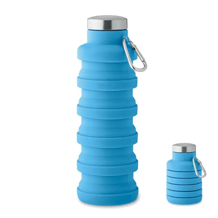 Flacon pliabil de 500 ml albastru din silicon cu capac inoxidabil argintiu si carabiniera