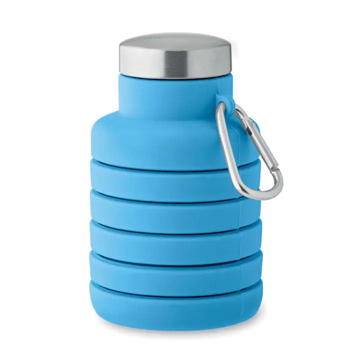 Flacon pliabil de 500 ml albastru din silicon cu capac din otel inoxidabil si carabiniera pentru agatat