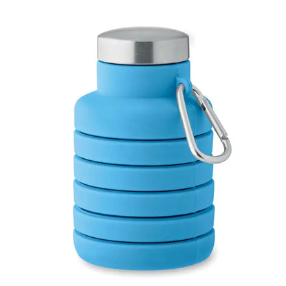 Flacon pliabil de 500 ml albastru din silicon cu capac din otel inoxidabil si carabiniera pentru agatat