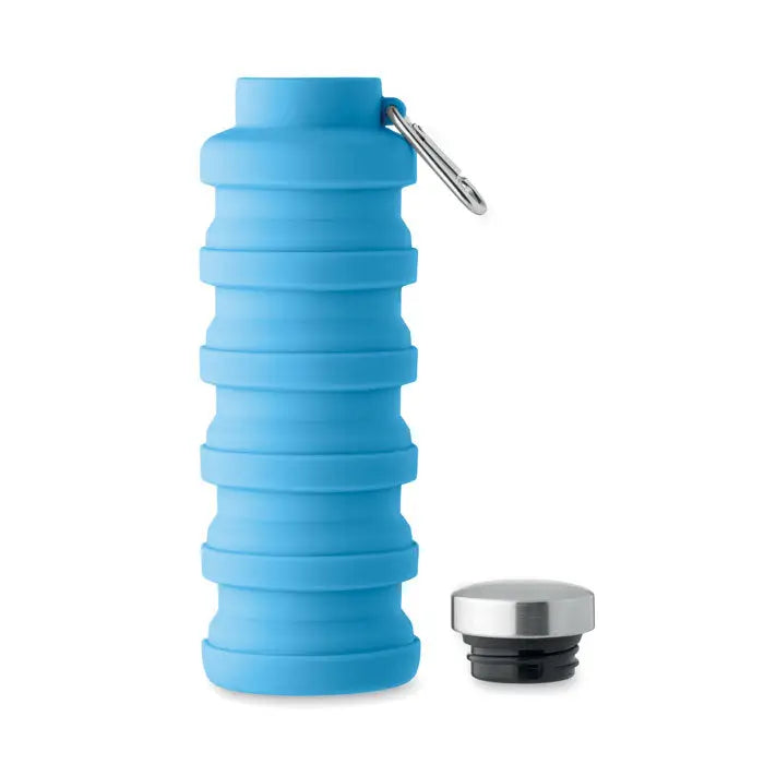 Flacon pliabil de 500 ml albastru din silicon cu capac din otel inoxidabil si carabina argintie detachable