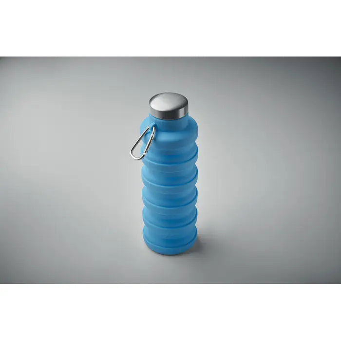 Flacon pliabil de 500 ml albastru din silicon cu capac metalic argintiu si carabiniera pentru agatat