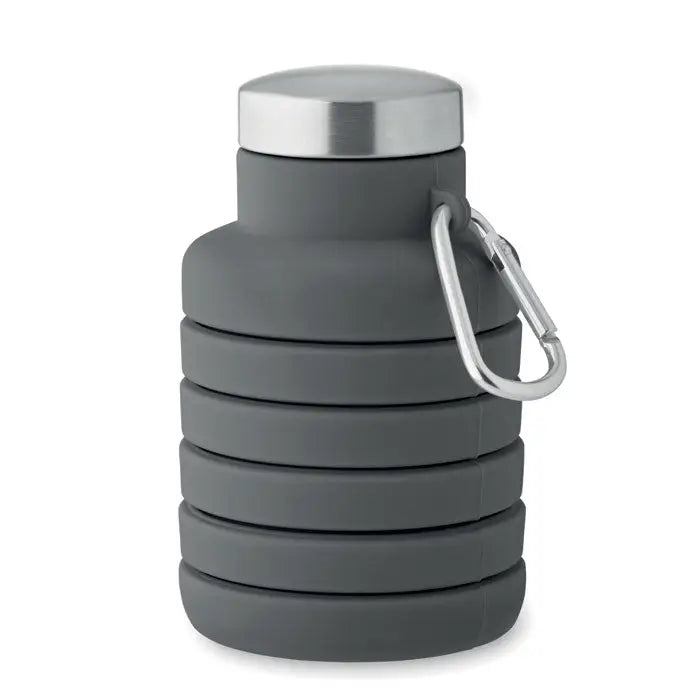 Flacon pliabil de 500 ml gri din silicon cu capac din inox si carabiniera pentru transport facil