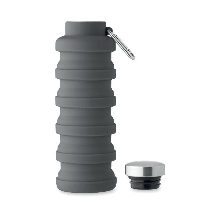 Flacon pliabil de 500 ml gri din silicon cu carabiniera argintie si capac metalic asortat