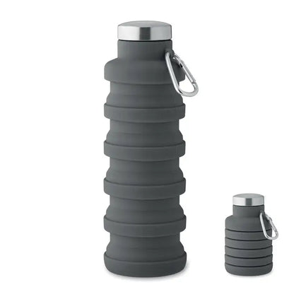 Flacon pliabil de 500 ml gri din silicon cu capac argintiu inoxidabil si carabiniera pentru apa