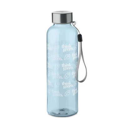 Flacon rpet 500ml sticlă de apă din plastic translucid albastru deschis cu capac argintiu și text think green alb