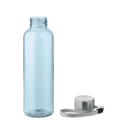 Flacon rpet 500ml sticlă de apă din plastic translucid albastru deschis cu capac metalic argintiu și curea asortată