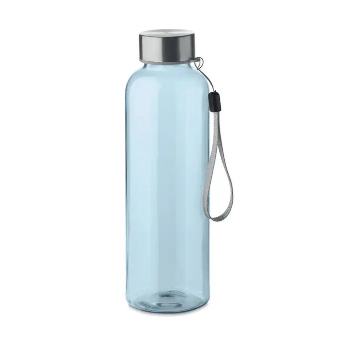 Flacon rpet 500ml sticla transparenta albastru deschis cu capac metalic argintiu si curea tesuta gri
