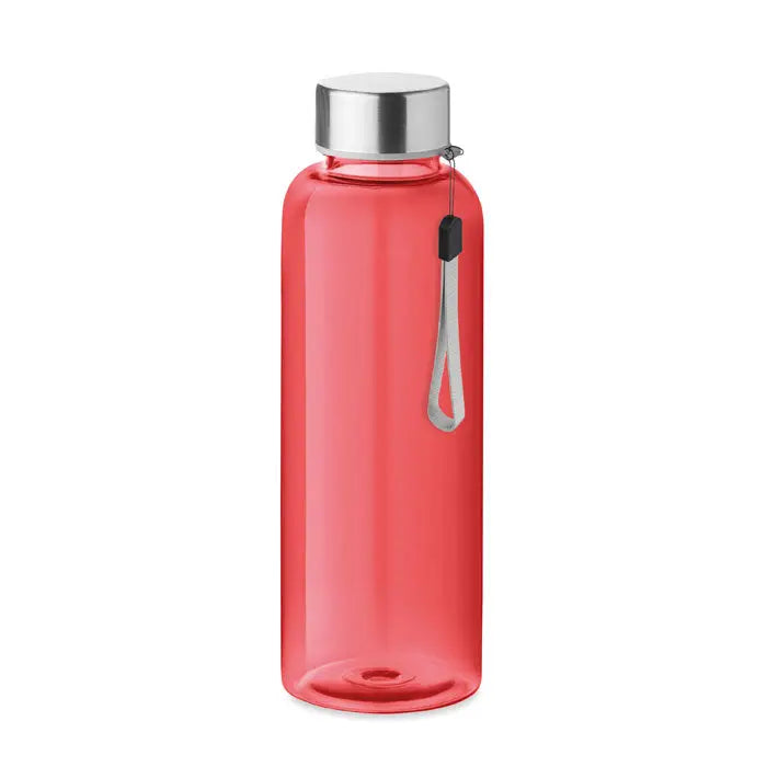 Flacon rpET 500ml apă sticlă din plastic coral translucida cu capac metalic argintiu și curea de mână gri