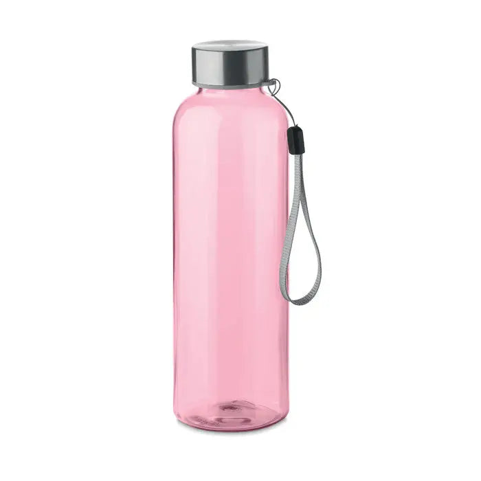 Sticlă de apă flacon rpet 500ml roz translucidă cu capac metalic argintiu și curea din material textil gri