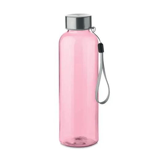 Sticlă de apă flacon rpet 500ml roz translucidă cu capac metalic argintiu și curea din material textil gri