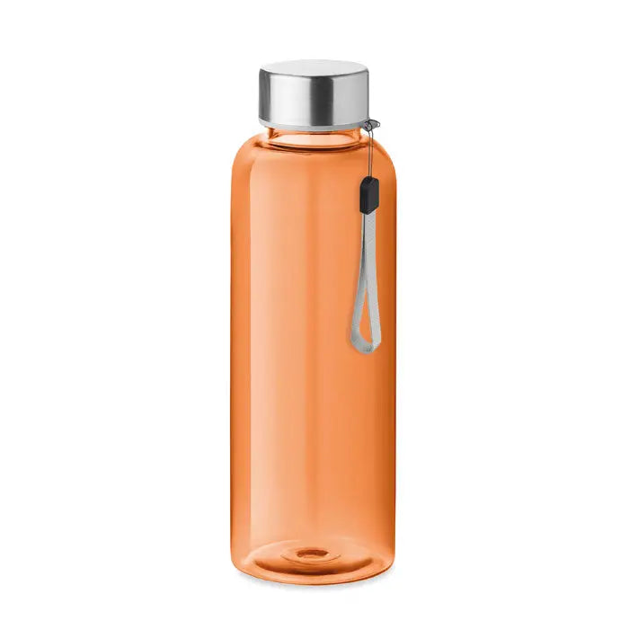 Flacon rpet 500ml transparent portocaliu din plastic cu capac metalic argintiu si curea gri pentru mana