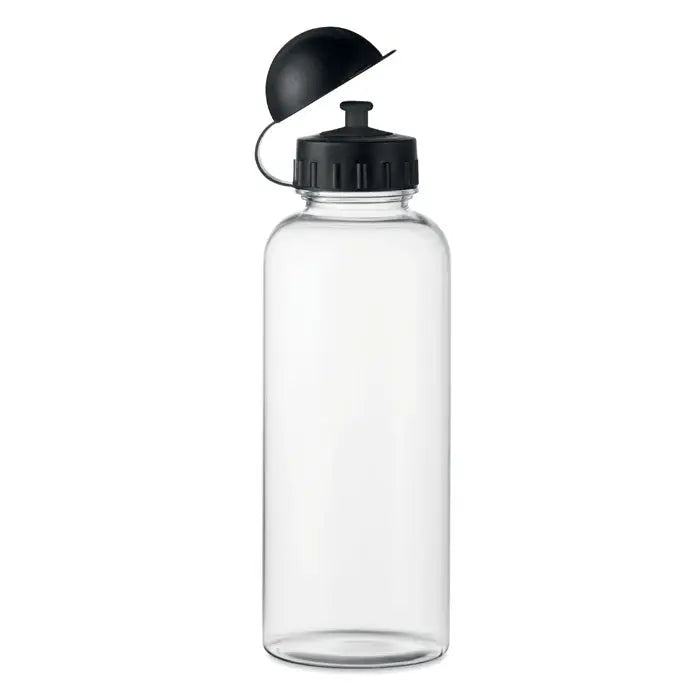 Sticlă transparentă flacon rpet 500ml cu capac negru cu clapetă și mâner din plastic reciclat