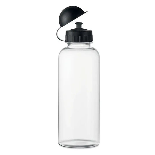 Sticlă transparentă flacon rpet 500ml cu capac negru cu clapetă și mâner din plastic reciclat