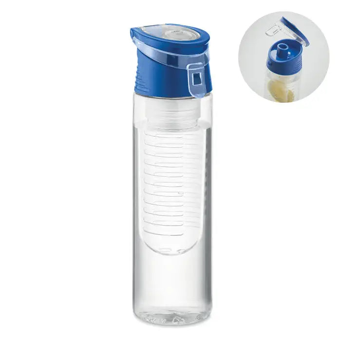 Sticlă transparentă flacon rpet 500ml cu capac albastru rabatabil și compartiment integrat pentru infuzor