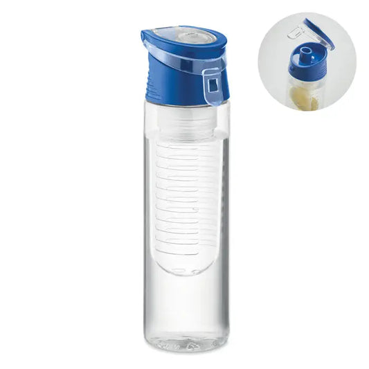 Sticlă transparentă flacon rpet 500ml cu capac albastru rabatabil și compartiment integrat pentru infuzor