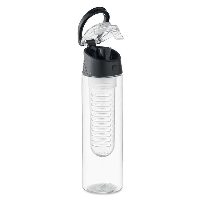Sticlă transparentă flacon rpet 500ml cu capac negru flip-top și compartiment infuzor transparent