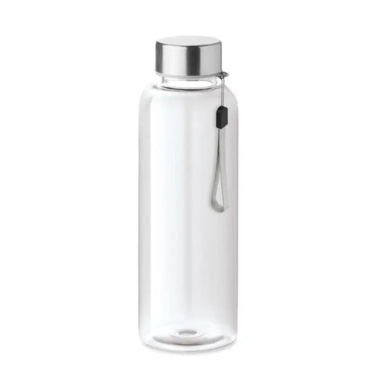 Sticlă de apă clară flacon rpET 500ml cu capac metalic argintiu și curea neagră din silicon