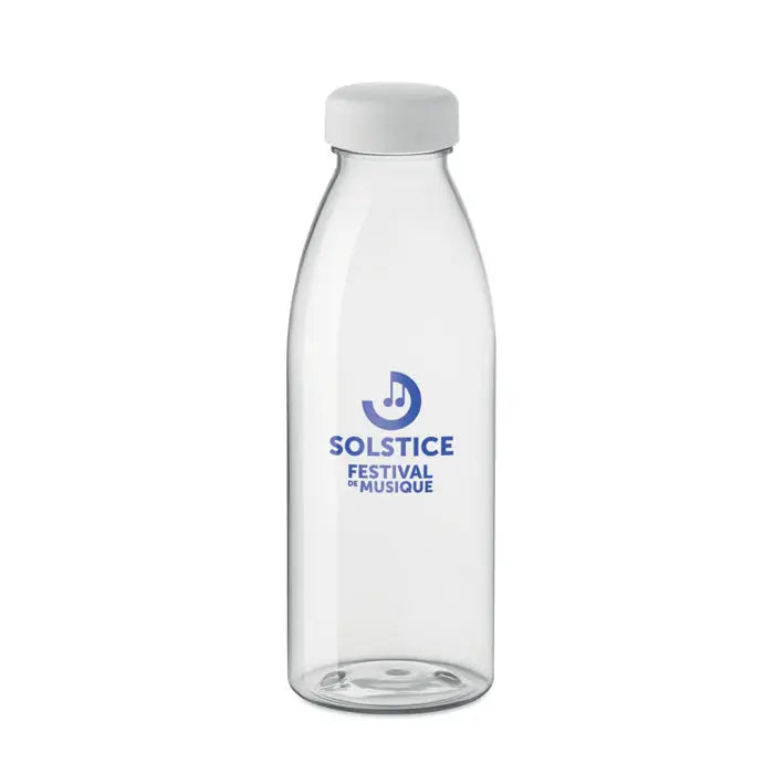 Sticlă transparentă de apă flacon rpet 500ml cu capac alb și logo albastru solstice festival de musique