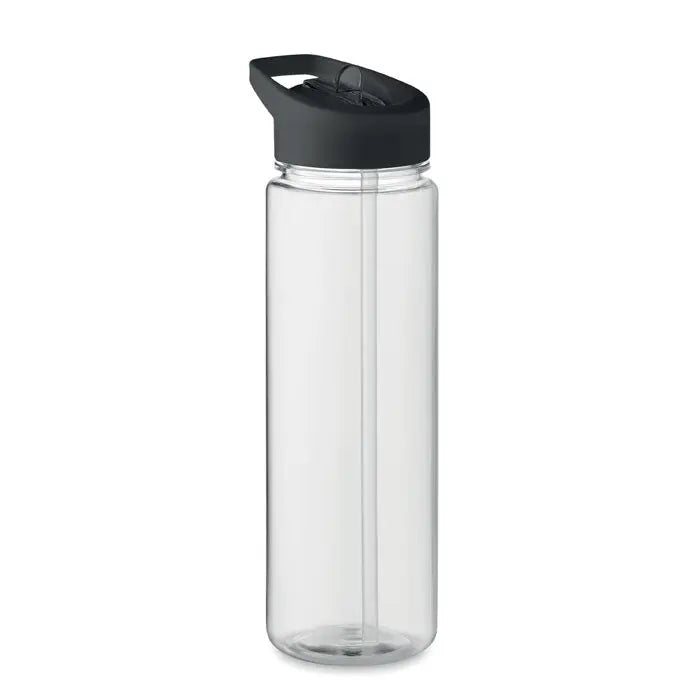 Flacon rpet 650ml transparent cu capac flip-top negru si pai integrat din pp pentru bauturi