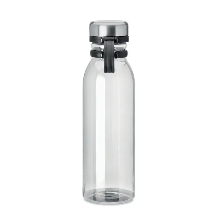 Sticlă de apă transparentă flacon rpet 780ml cu capac argintiu și curea neagră de prindere din material rpet