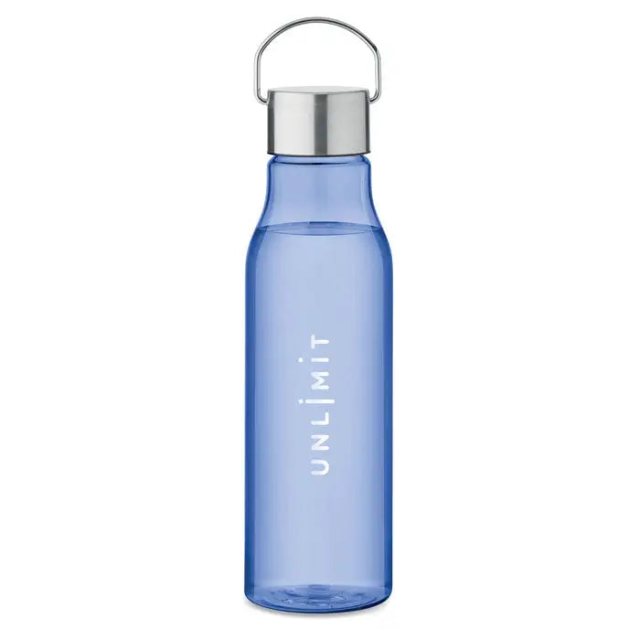 Flacon rpet cu capac pp 600 ml albastru translucide cu capac metalic argintiu si maner cu text unlimit vertical alb