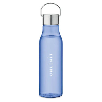 Flacon rpet cu capac pp 600 ml albastru translucide cu capac metalic argintiu si maner cu text unlimit vertical alb