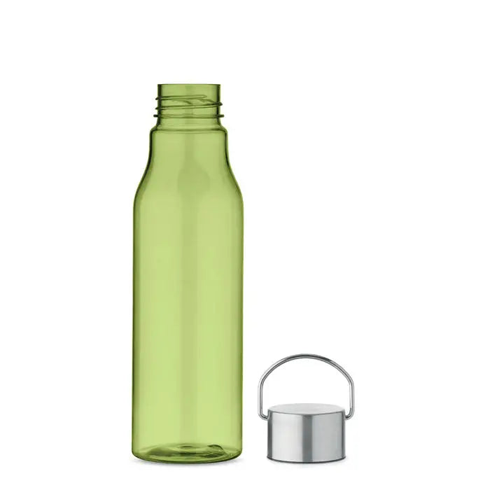Flacon rpet cu capac pp 600 ml este o sticla de apa verde oliva translucida din plastic cu capac metalic argintiu si maner integrat