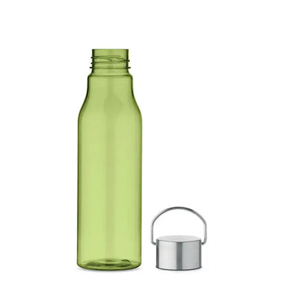 Flacon rpet cu capac pp 600 ml este o sticla de apa verde oliva translucida din plastic cu capac metalic argintiu si maner integrat