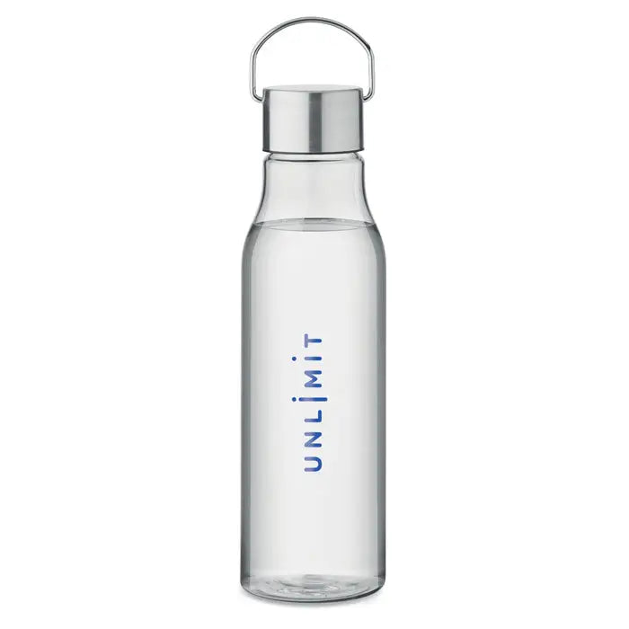 Flacon rpet transparent cu capac metalic argintiu si maner, 600 ml, cu text unlimit pe verticala albastru