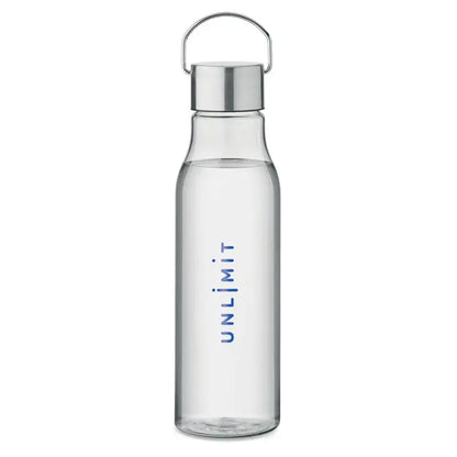 Flacon rpet transparent cu capac metalic argintiu si maner, 600 ml, cu text unlimit pe verticala albastru