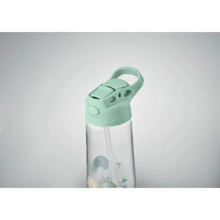 Flacon tritan 450 ml sticlă transparentă cu capac și pai mint verde și ilustrații oceanice subtile