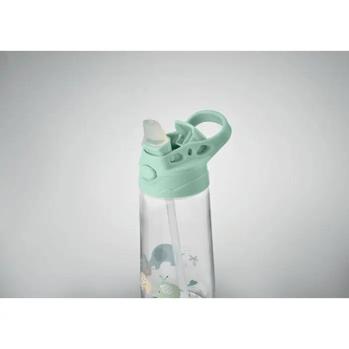 Flacon tritan 450 ml sticla de apa transparenta cu capac verde menta cu pai si ilustratii vesele cu animale