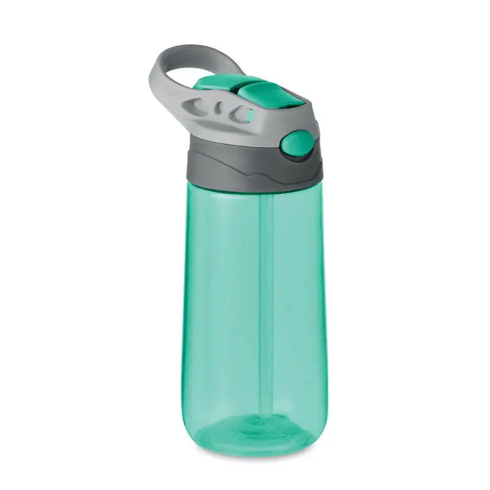 Flacon tritan 450 ml sticlă de apă din plastic teal translucid cu capac gri și verde cu clapetă și mâner integrat