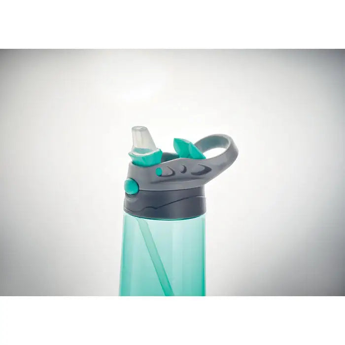 Flacon tritan 450 ml sticlă de apă din plastic translucid teal cu capac din silicon gri și teal cu pai integrat și mâner