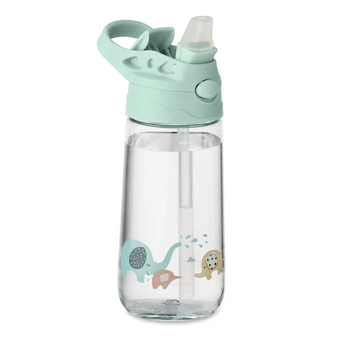 Flacon tritan 450 ml sticla transparenta cu pai si capac mint verde si ilustratii jucause elefanti pastel
