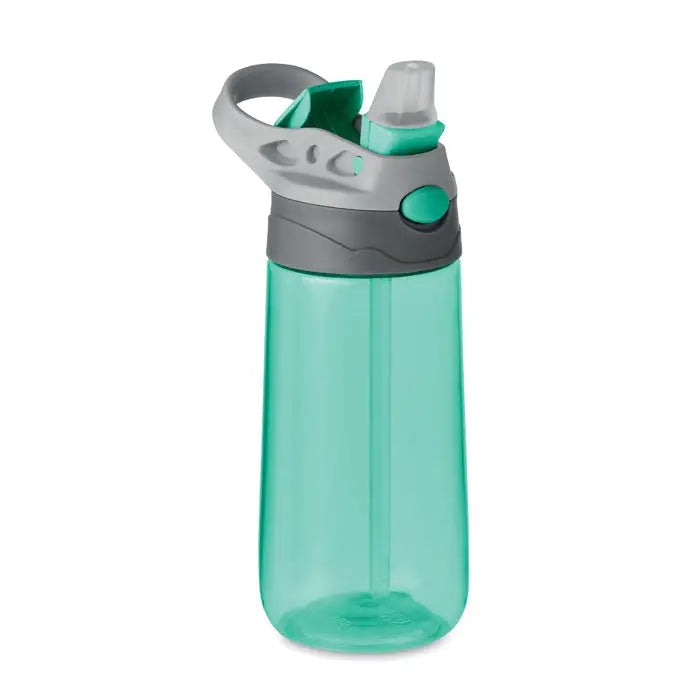 Flacon tritan 450 ml sticla de apa din plastic translucida teal cu accente gri si teal si capac cu pai anti-scurgere