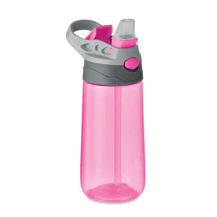 Flacon tritan 450 ml o sticlă de apă transparentă roz din plastic cu accente gri și roz și capac cu pai anti-scurgere