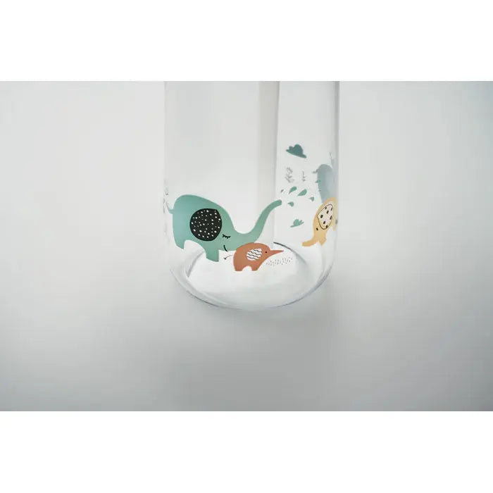 Flacon tritan 450 ml sticla transparenta cu ilustratie colorata de animale cartoon teal elefant portocaliu vulpe si leu galben