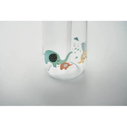 Flacon tritan 450 ml sticla transparenta cu ilustratie colorata de animale cartoon teal elefant portocaliu vulpe si leu galben