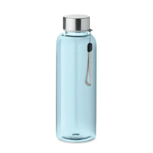 Flacon tritan 500ml sticlă apă din plastic translucid albastru deschis cu capac metalic argintiu și bretea gri