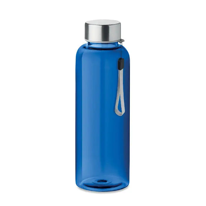 Flacon tritan 500ml albastru transparent din plastic cu capac metalic argintiu si bratara alba