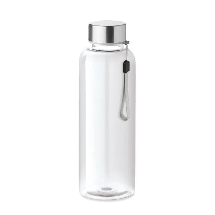 Flacon tritan 500ml sticlă transparentă din plastic cu capac metalic argintiu și curea de mână gri