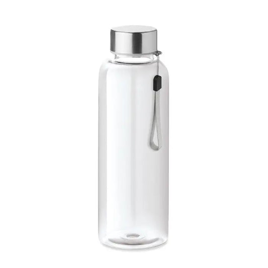 Flacon tritan 500ml sticlă transparentă din plastic cu capac metalic argintiu și curea de mână gri