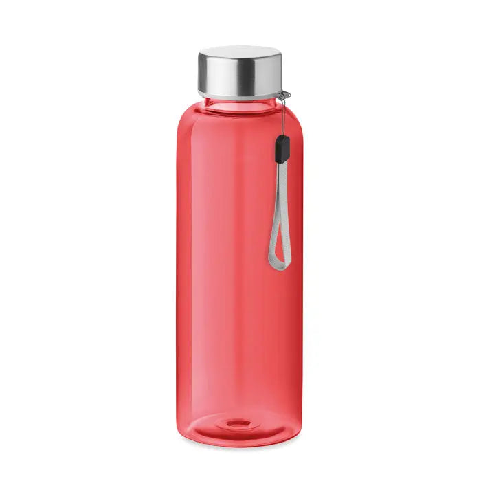 Flacon tritan 500ml sticlă transparentă coral din plastic cu capac metalic argintiu și curea de mână gri