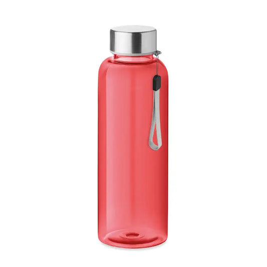 Flacon tritan 500ml sticlă transparentă coral din plastic cu capac metalic argintiu și curea de mână gri